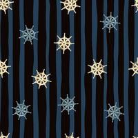 nautiskt sömlöst mönster med beige och blått slumpmässigt fartygsrodertryck. mörk svart och blå randig bakgrund. vektor