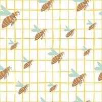 Zufälliges nahtloses Gekritzelmuster der Bienenverzierung. Wespensilhouetten in Gelb- und Beigetönen, blaue Flügel. weiß karierter Hintergrund. vektor