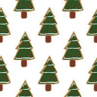 nahtloses feiertagsmuster mit grünen dekorativen weihnachts-tannenbaumplätzchen. Winter lokalisierter geschmackvoller Druck mit weißem Hintergrund. vektor