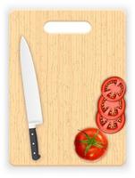röda tomatskivor och kniv på skärbrädan vektor
