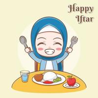 glad iftar gratulationskort med en söt flicka med måltider tecknad illustration vektor