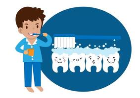 Junge steht beim Zähneputzen mit einem Bild, das das Glück der Zähne vergrößert, indem er mit Zahnpasta putzt, um Karies vorzubeugen. flache karikaturillustration.