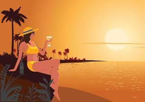 en ung kvinna som tittar på solnedgången vid havet mitt i en vacker kväll med en drink ensam. platt stil tecknad illustration vektor
