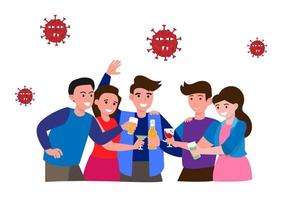 män och kvinnor som dricker för att fira utan att bära mask eller hålla avstånd för att förhindra coronavirusutbrottet. platt stil tecknad illustration vektor