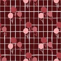 Nahtloses Muster mit einfachen abstrakten Löwenzahnelementen in rosa Tönen und kastanienbraunem Hintergrund mit Karomuster. vektor