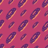 Diagonal angeordnete Donuts verzieren nahtloses Muster. lila süße dessertelemente auf rosa hintergrund. vektor