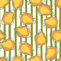 Zufällige orange Pflaume abstrakte nahtlose Muster im Doodle-Stil. Essen-Kulisse. grün-weiß gestreifter Hintergrund. vektor