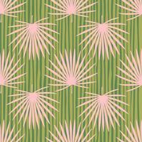 Kontrast einfaches nahtloses Muster mit Doodle Fan Palmblättern Pint. rosa tropische elemente auf grün gestreiftem hintergrund. vektor