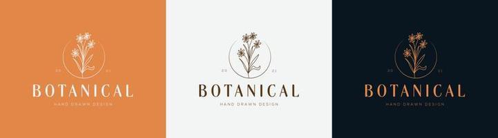 botanisches florales element handgezeichnetes logo mit wilden blumen und blättern. logo für spa- und schönheitssalon, boutique, bioladen, hochzeit, blumendesigner, innenausstattung, fotografie, kosmetik. vektor