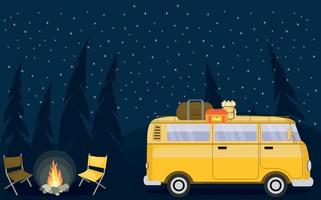 familienabenteuer camping abendszene. auto, lagerfeuer, kiefernwaldhintergrund, sternenklarer nachthimmel. Vektor-Illustration vektor