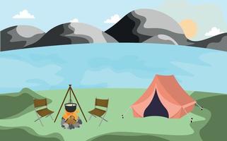 campingtält intill sjö och berg. sommar- eller vårlandskap. tecknat turistläger med en picknickplats och ett tält bland skogen, bergslandskapet. vektor illustration