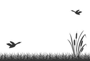 schwarze Silhouette aus Sumpfgras mit Schilf und fliegenden Enten. Schilfsee, Hintergrund. vektor
