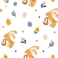 Osterhase nahtloses Muster. süßes kaninchen mit weidenkorb und eiern. Frühling. handgezeichneter schöner hintergrund, für osterpapier, banner, textilien, tapeten. Cartoon-Vektor-Illustration vektor