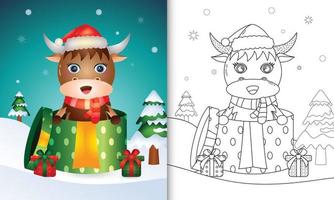 Malbuch mit süßen Büffel-Weihnachtsfiguren mit Weihnachtsmütze und Schal in der Geschenkbox vektor