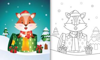 målarbok med en söt räv julfigurer med tomteluva och halsduk i presentförpackningen vektor