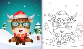 Malbuch mit süßen Büffel-Weihnachtsfiguren mit Weihnachtsmütze und Schal vektor