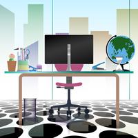 Modern kontorsinteri arbetsplats tom stol skrivbord i platt vektor illustration design.