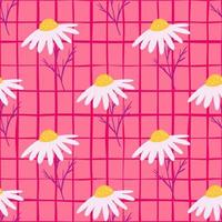 sommerfeld blüht nahtloses muster mit dekorativer gänseblümchenblumenverzierung. rosa karierter Hintergrund. vektor