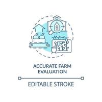 Symbol für das türkisfarbene Konzept der genauen Farmbewertung. richtige verfolgung produktion abstrakte idee dünne linie illustration. isolierte Umrisszeichnung. editierbarer Strich. Roboto-Medium, unzählige pro-fette Schriftarten verwendet vektor