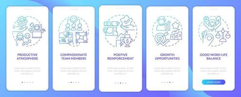 friedliche büroumgebung blauer farbverlauf beim onboarding des mobilen app-bildschirms. Komplettlösung 5 Schritte grafische Anleitungsseiten mit linearen Konzepten. ui, ux, gui-Vorlage. Unzählige pro-fette, normale Schriftarten werden verwendet vektor