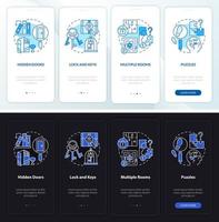 Fluchtraumaspekte Nacht- und Tagmodus beim Onboarding des Bildschirms der mobilen App. Komplettlösung 4 Schritte grafische Anleitungsseiten mit linearen Konzepten. ui, ux, gui-Vorlage. Unzählige pro-fette, normale Schriftarten werden verwendet vektor