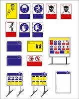 Satz von Gebotsschild, Warnschild, Verbotsschild, Arbeitsschutzschilder, Warnschild, Feuer-Notfallschild. Für Aufkleber, Plakate und andere Materialien. leicht zu ändern. Vektor. vektor