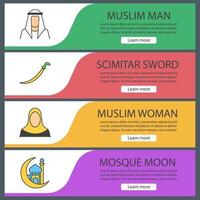 Web-Banner-Vorlagen für die islamische Kultur festgelegt. muslimischer mann und frau, scimitar-schwert, moschee und ramadan-mond. Menüelemente in Farbe der Website. Vektor-Header-Design-Konzepte vektor