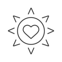 Sonne mit linearem Herzsymbol. Sicherheit der Solarenergie. dünne Liniendarstellung. Naturpflege. Kontursymbol. Vektor isoliert Umrisszeichnung