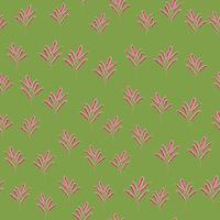 zufällige kleine rosa minimalistische Blattzweige nahtloses Muster. grüner Hintergrund. abstrakter Stil. vektor