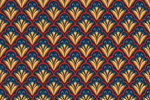 gelb, rot, weiß auf marineblau. geometrisches ethnisches orientalisches Muster traditionelles Design für Hintergrund, Teppich, Tapete, Kleidung, Verpackung, Batik, Stoff, Vektorillustrationsstickereiart vektor