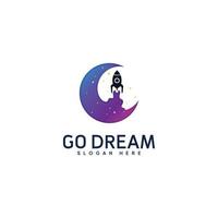 go dream logo, symbol, vektorillustrationsvorlage. Wunderschönes farbiges Raketen- und Mondlogo. vektor