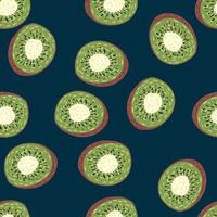 slumpmässiga sömlösa mönster med grön kiwi skivor prydnad. marinblå bakgrund. enkel mat i bakgrunden. vektor
