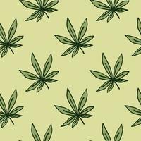Nahtloses Muster mit umrissenem Ganja-Ornament. Cannabisblätter in grüner Farbe auf hellpastellgelbem Hintergrund. vektor