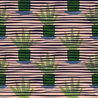aloe kaktus i potten seamless mönster på ränder bakgrund. krukväxtkaktus tapeter. vektor