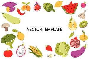 Rahmenvorlage für Bio-Lebensmittel, handgezeichnetes Obst und Gemüse für Menüabdeckung, Banner oder Broschüre. Vektor-Cartoon-Illustration. vektor