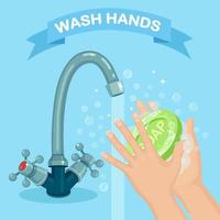 Händewaschen mit Seifenschaum, Peeling, Gelblasen. Wasserhahn, Wasserhahn undicht. persönliche hygiene, tägliches routinekonzept. sauberer Körper. Vektor-Cartoon-Design vektor
