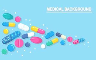 satz von pillen, medizin, drogen. Schmerztablette, Vitamin, pharmazeutische Antibiotika. medizinischen Hintergrund. Vektor-Cartoon-Design vektor
