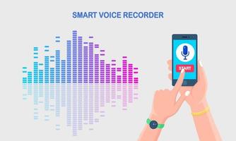 ljudgradientvåg från equalizern. mobiltelefon med mikrofonikonen på skärmen. mobilapp för digital röstradioinspelning. musikfrekvens i färgspektrum. vektor platt design