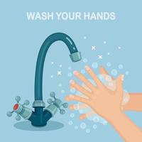 tvätta händerna med tvålskum, skrubb, gelbubblor. vattenkran, kran läcka. personlig hygien, daglig rutinkoncept. ren kropp. vektor tecknad design