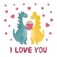 söta par förälskade dinosaurier. söt romantisk dino pojke och flicka med presenter. tecknad design för gratulationskort, affischer, muggar, kläder. glad alla hjärtans dag kort. vektor