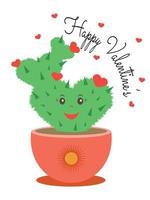 grüner kaktus mit roten herzen in einem topf mit der aufschrift happy valentine day. romantisches Konzept. Cartoon-Design für Grußkarten, Poster, Tassen, Kleidung. vektor