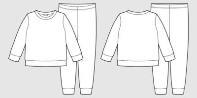 kläder pyjamas teknisk skiss. barntröja och byxor i bomull. barn disposition nattkläder designmall vektor