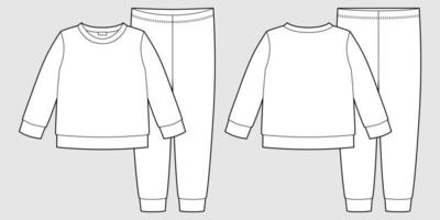 kleidung pyjamas technische skizze. Sweatshirt und Hose aus Baumwolle für Kinder. Kinder skizzieren Nachtwäsche-Designvorlage vektor