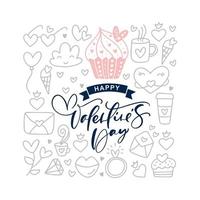 Happy Valentines Day Text mit Vintage-Doodle-Vektorelementen. hand gezeichnetes liebesplakatherz, diamant, umschlag, kuchen, tasse. romantische Illustrationszitat-Grußkarten-Fahnenschablone vektor