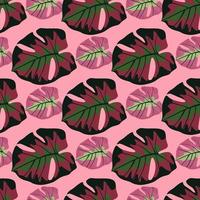 helle monstera silhouetten nahtloses gekritzelmuster. grünes und schwarzes Laub auf rosa Hintergrund. vektor