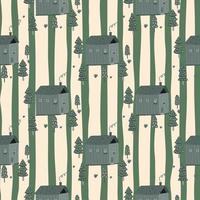 stilisiertes nahtloses Gekritzelmuster mit Häuschen und Baumverzierung. Hütte in waldgrüner Verzierung auf abgestreiftem Hintergrund mit weißen Linien. vektor