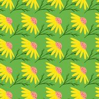 leuchtend gelbe Kamillenblüten nahtloses Doodle-Muster. grüner Hintergrund. botanische Verzierung der Natur. vektor