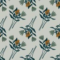 Nahtloses helles Muster mit konturierten abstrakten Tulpensträußen. botanisches Ornament in Grün- und Steintönen. dunkler pastellgrauer Hintergrund. vektor