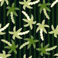 hawaiiska slumpmässiga sömlösa mönster med doodle palm former. grön randig bakgrund. naturtryck. vektor