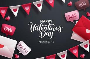 Happy Valentinstag Vektor Hintergrunddesign. Valentinstag-Grußkarte mit Liebesbrief und Wimpel